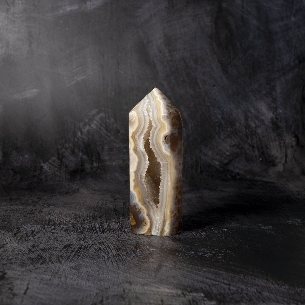 Grey Agate Tower with Sugar Druzy Crystal cave