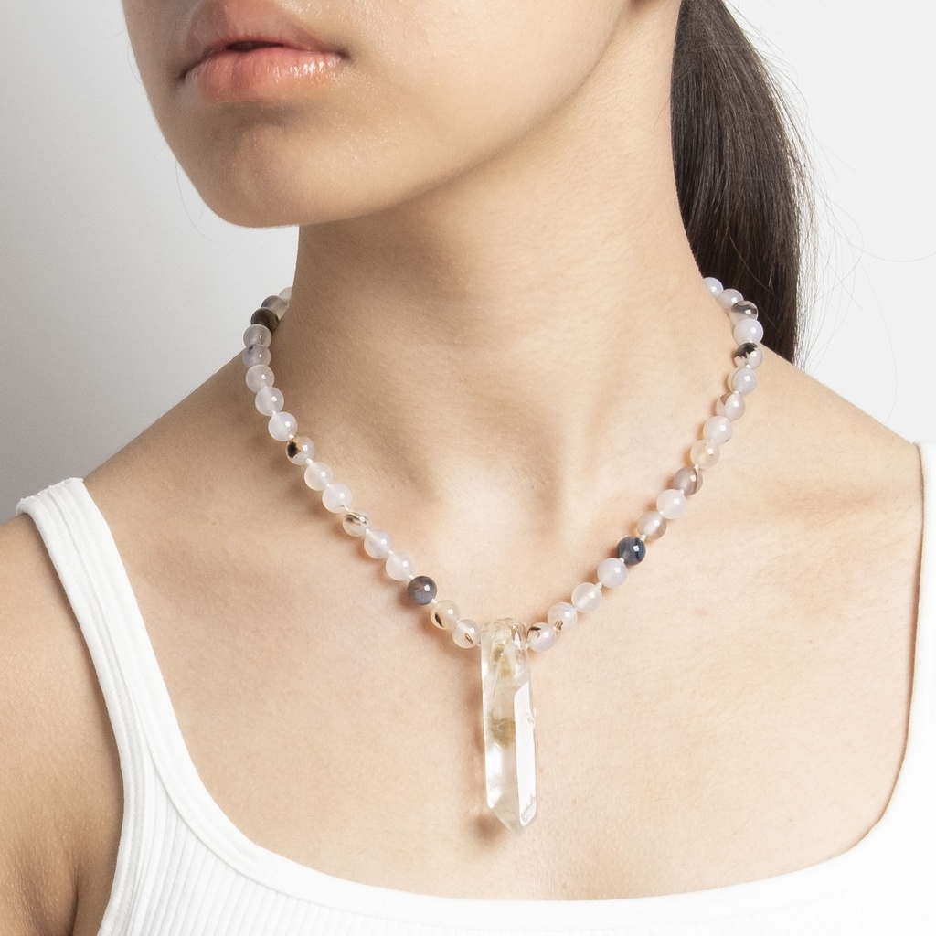 [NATN1018S-5] Crystal Pendant with White Botswana Agate Gemstone Necklace