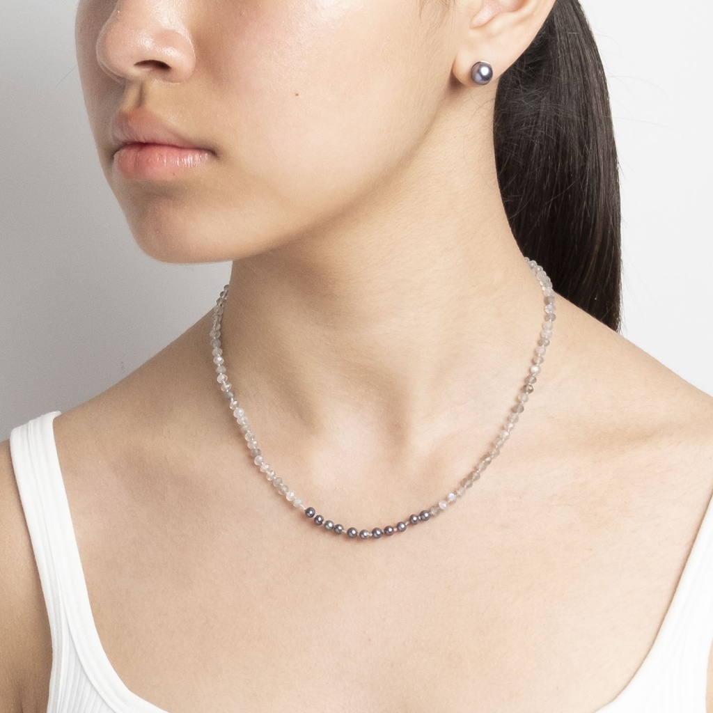 [NATN1012S-4] Labradorite Gemstone Necklace with Black Pearls