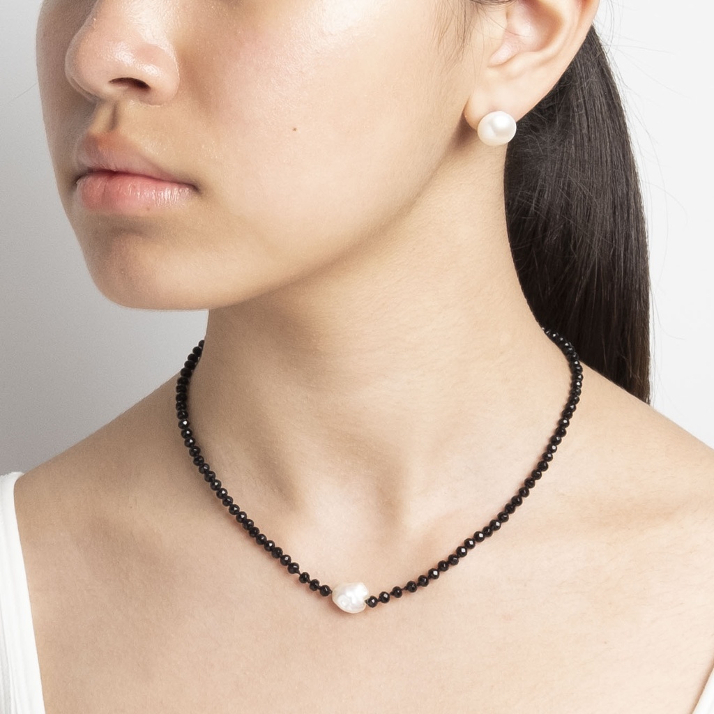 [NATN1006S-1] Black Agate Gemstone Necklace with White Keshi Pearl