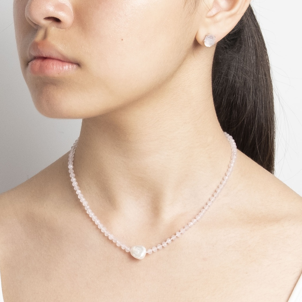 [NATN1006S-7] Rose Quartz Gemstone Necklace with White Keshi Pearl 