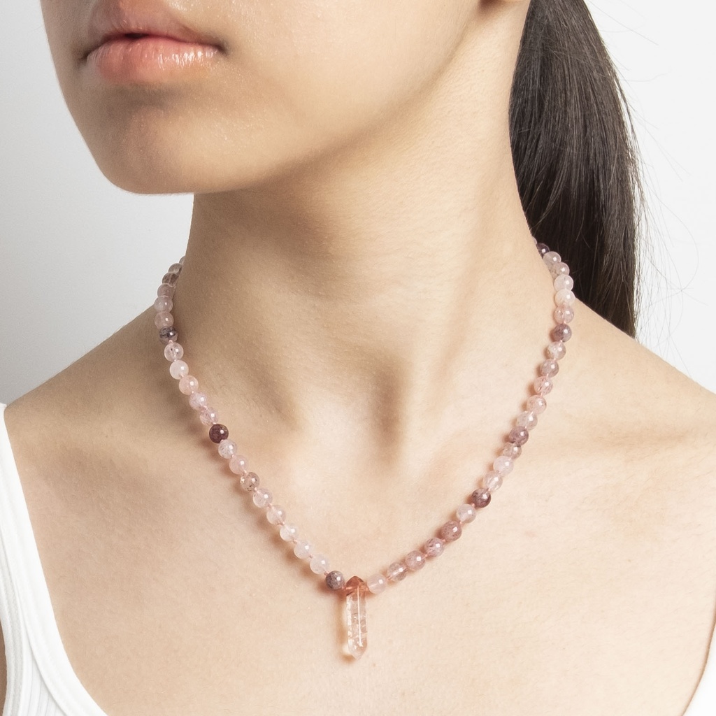 Strawberry Quartz Gemstone Necklace with Crystal Pendant