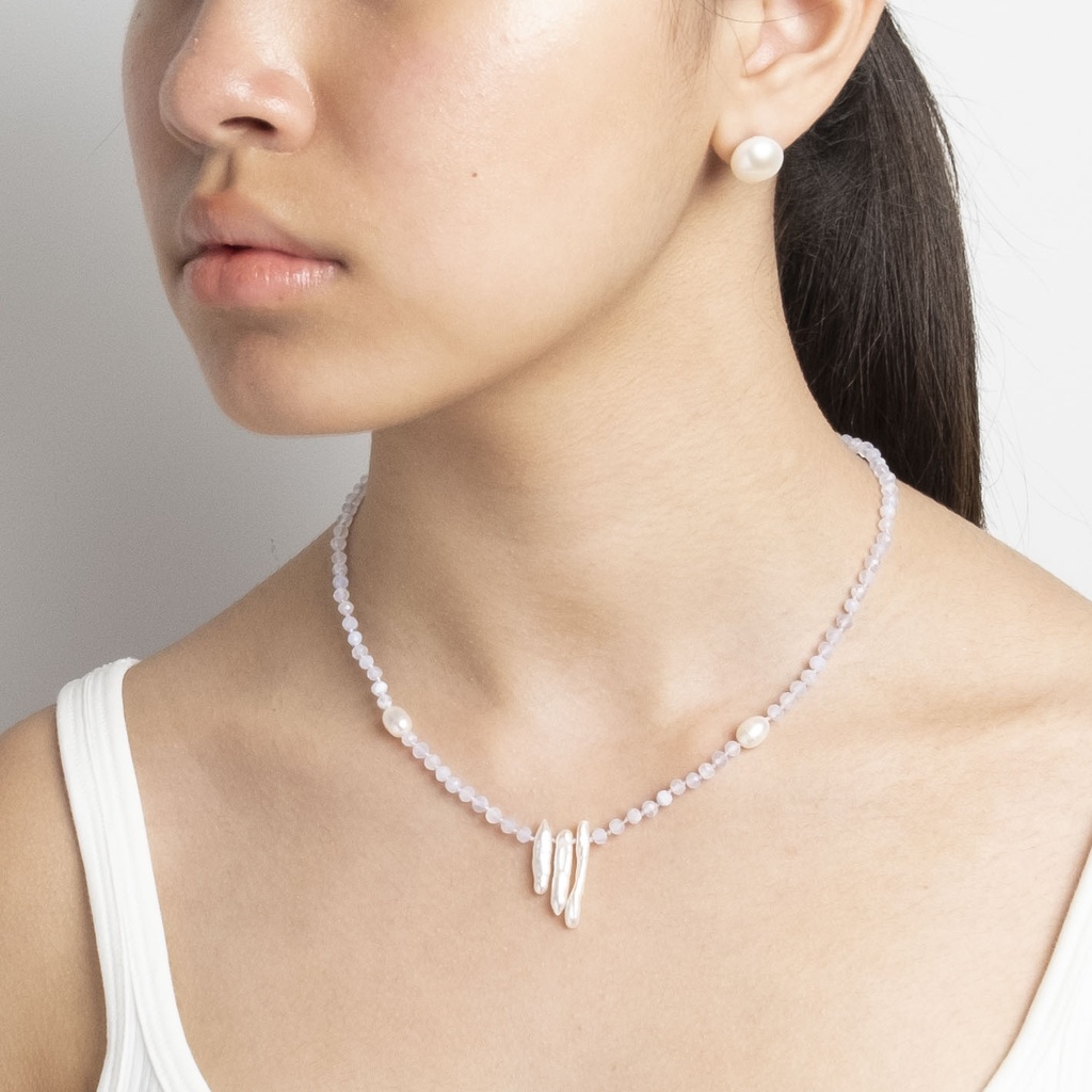 [NATN1009S-1] Blue Lace Agate Gemstone Necklace with White Stick Pearls