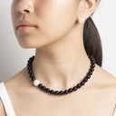 Black Agate Gemstone Necklace with Side Semi-round White Pearl