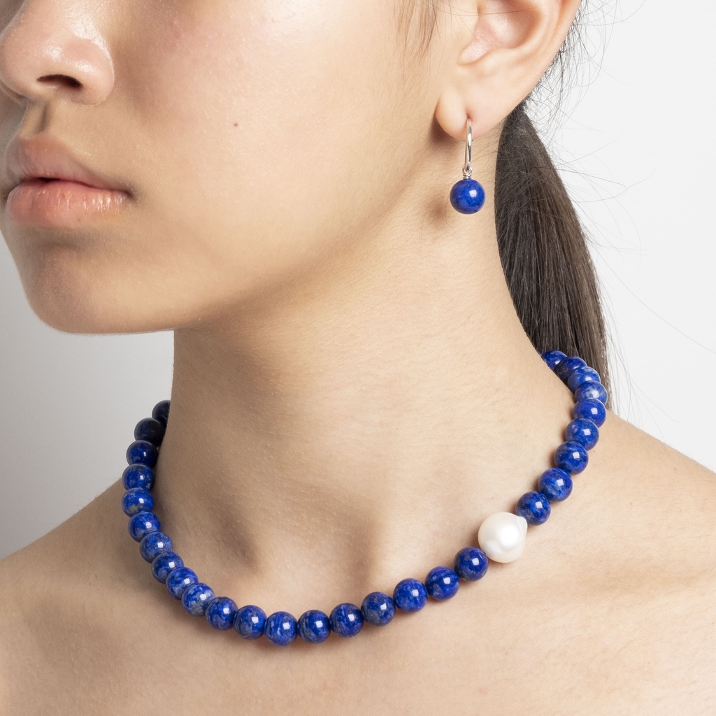 [NATN1028S-2] Lapis Lazuli Gemstone Necklace with Side Semi-round White Pearl