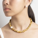 Golden Tiger Eyes Gemstone Necklace with Side Semi-round White Pearl