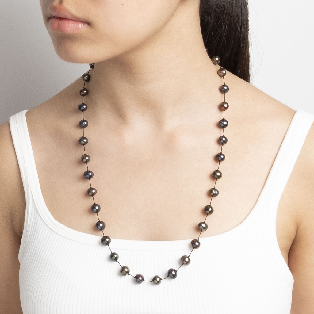 [NATN1025S-1] Long Semi-Round Black Pearls Necklace