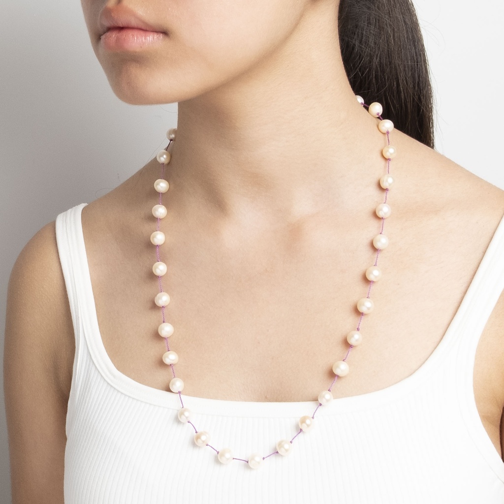 [NATN1025S-2] Long Semi-Round Pink Pearls Necklace
