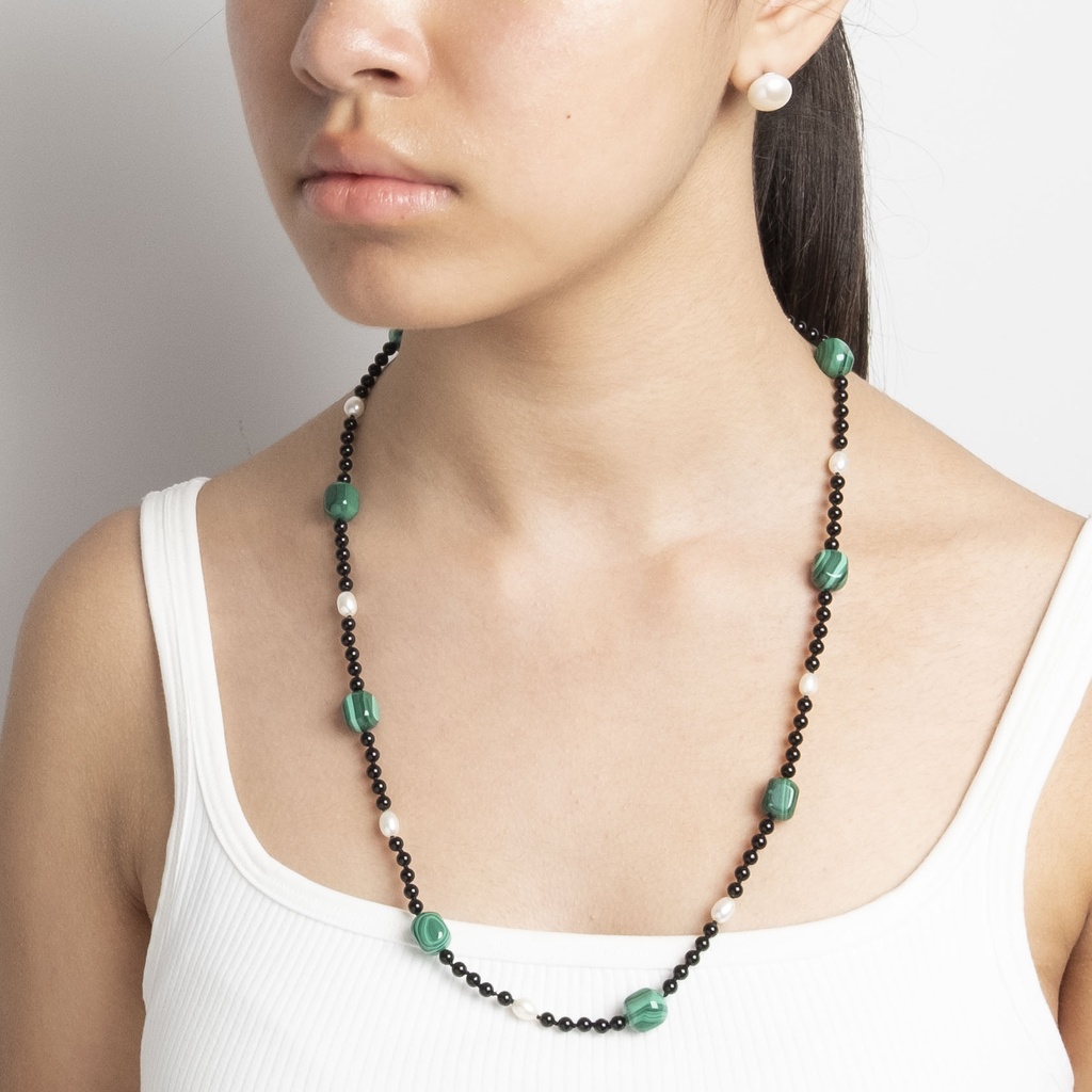 [NATN1015S-1] Black Agate and Malachite Gemstone Necklace with White Pearls