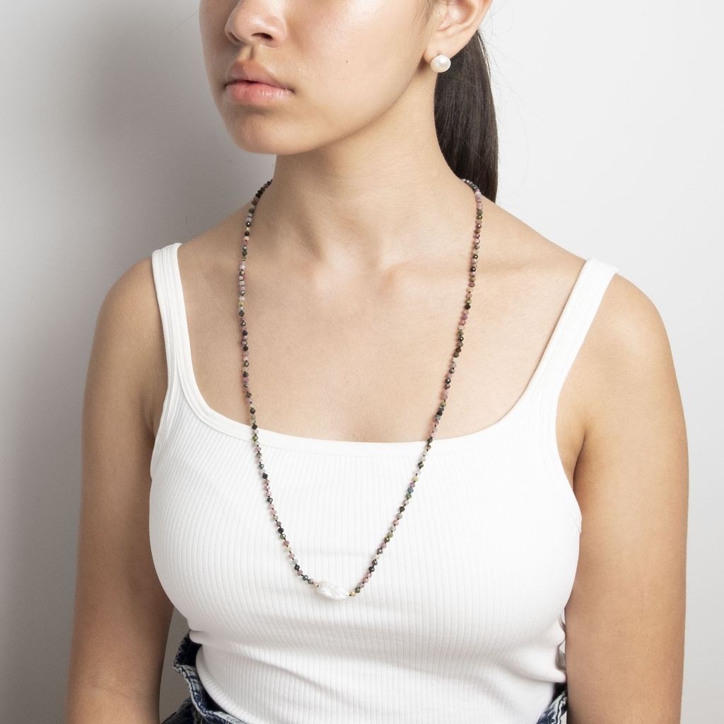 Mixed Tourmaline Gemstone Necklace with Long Freeform White Pearl