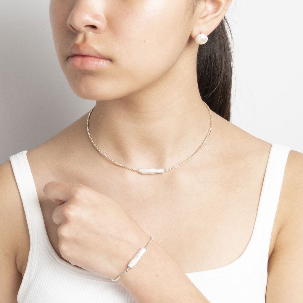 [NATN1017S-1] Sterling Silver Discs Necklace with White Freeform Pearl