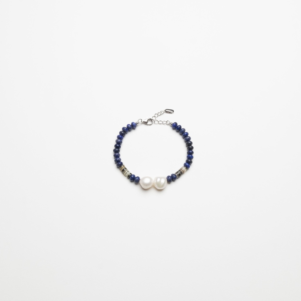 [NATB1021S-2] Lapis Gemstone Bracelet with Semi-round White Pearls and Shell