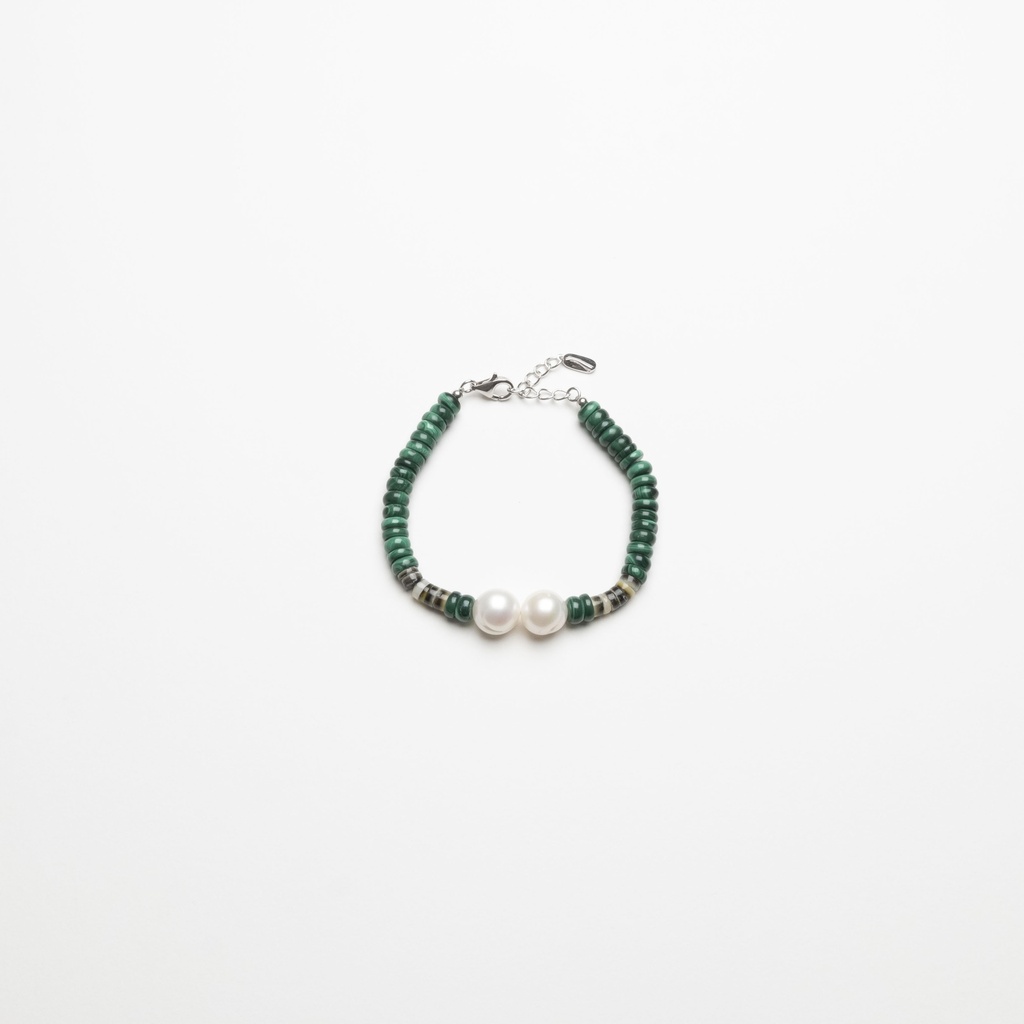[NATB1021S-3] Malachite Gemstone Bracelet with Semi-round White Pearls and Shell