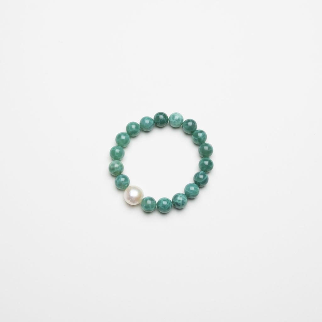 [NATB1029S-1] Green Fire Agate Gemstone Bracelet with Semi-round White Pearl