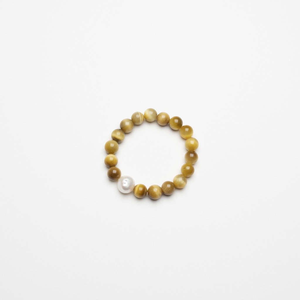 [NATB1029S-3] Golden Tiger Eyes Gemstone Bracelet with Semi-round White Pearl