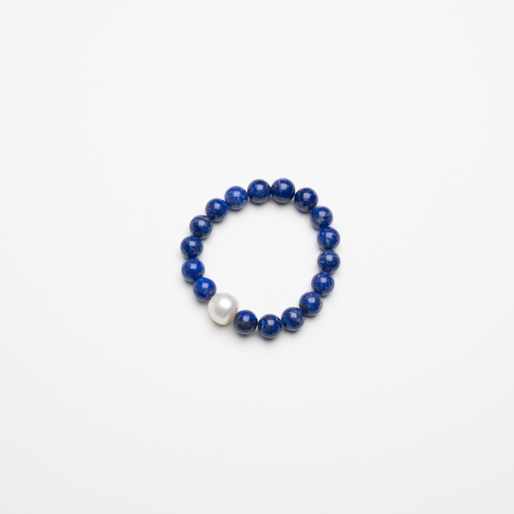 [NATB1029S-4] Lapis Lazuli Gemstone Bracelet with Semi-round White Pearl