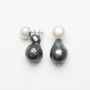 White Button Pearl with Black Baroque Pearl Earrings