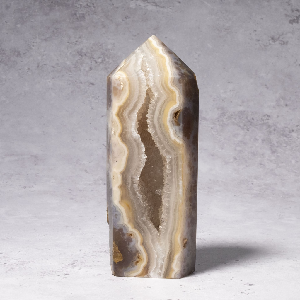 [NATC1048] Grey Agate Tower with Sugar Druzy Crystal cave