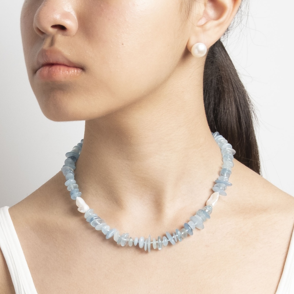 [NATN1023S-1] Aquamarine Gemstone Necklace with White Keshi Pearl