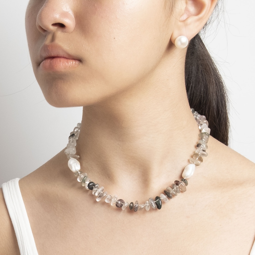 [NATN1023S-3] Green Phantom Quartz Gemstone Necklace with White Keshi Pearl