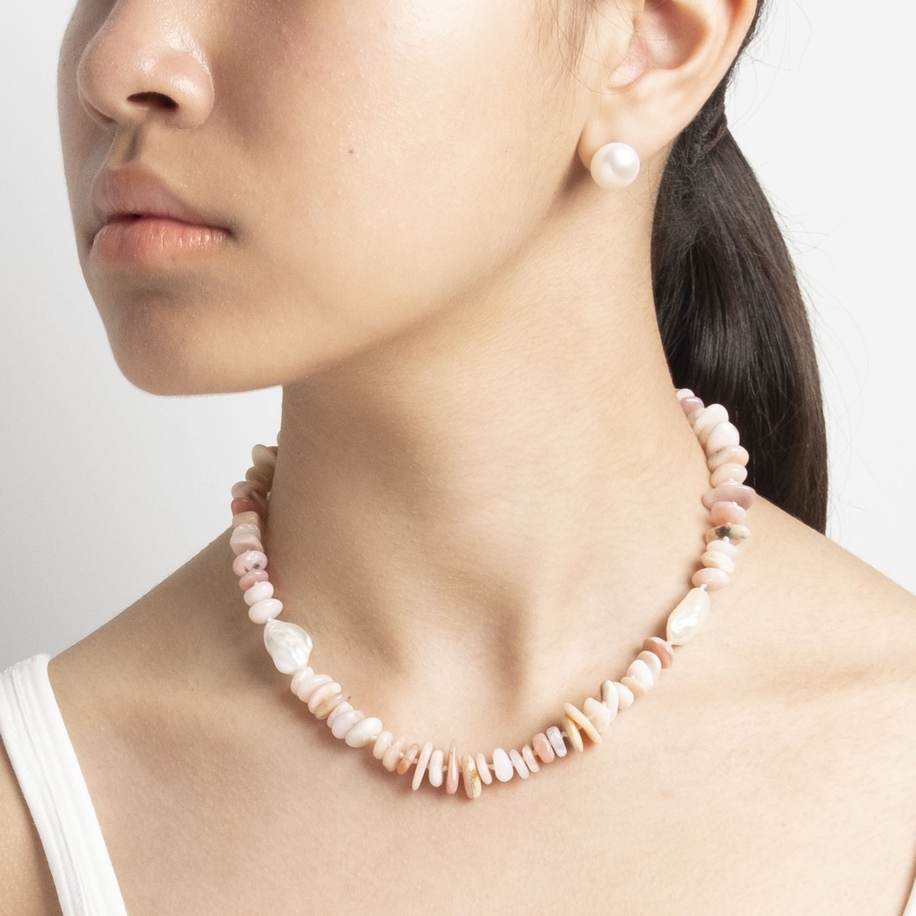 Pink Opal Gemstone Necklace with White Keshi Pearl
