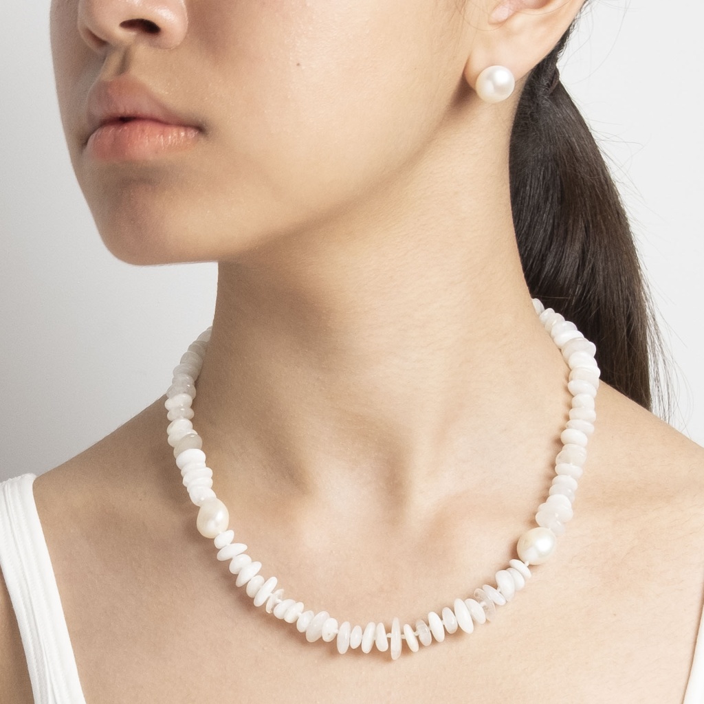 Moonstone Gemstone Necklace with White Semi-round Pearl