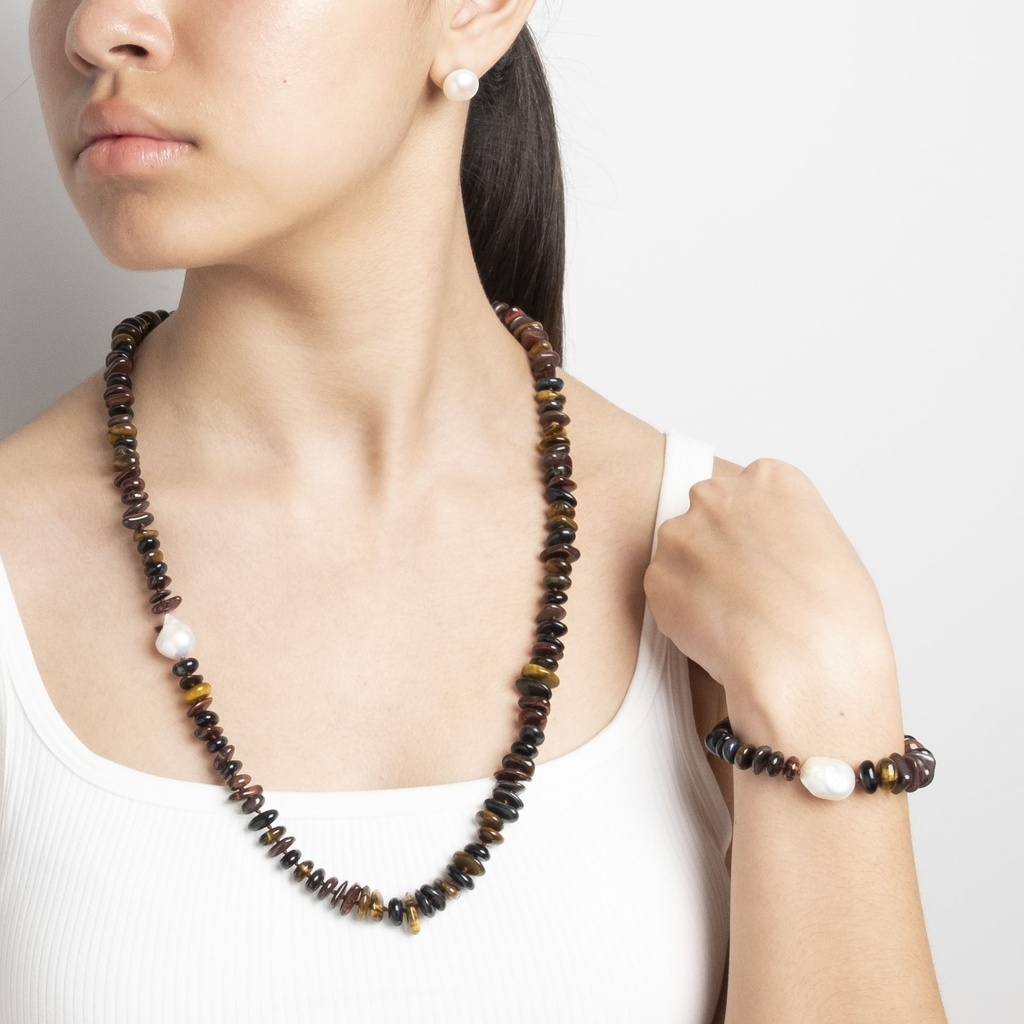 [NATN1019S-2] Long Golden Tiger Eye Necklace with White Keshi Pearl