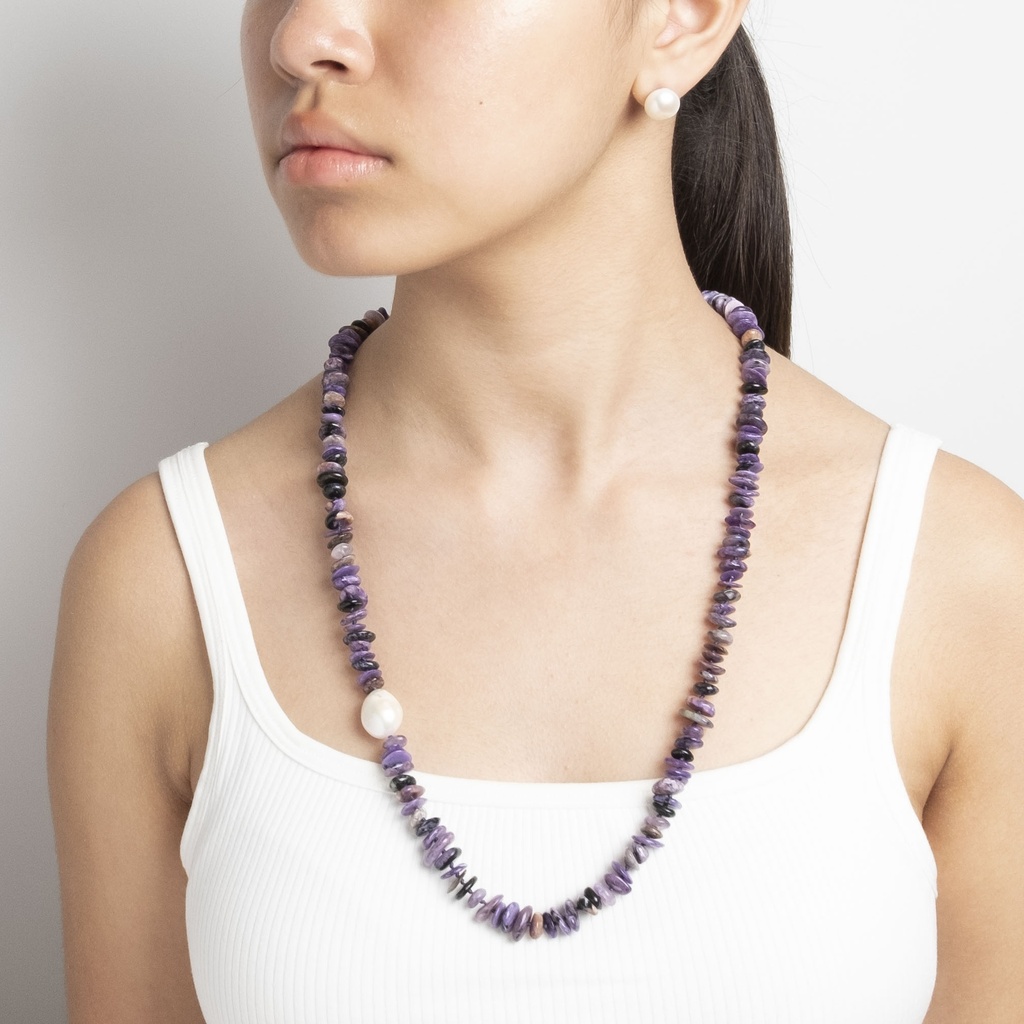 [NATN1019S-6] Long Charoite Necklace with White Keshi Pearl