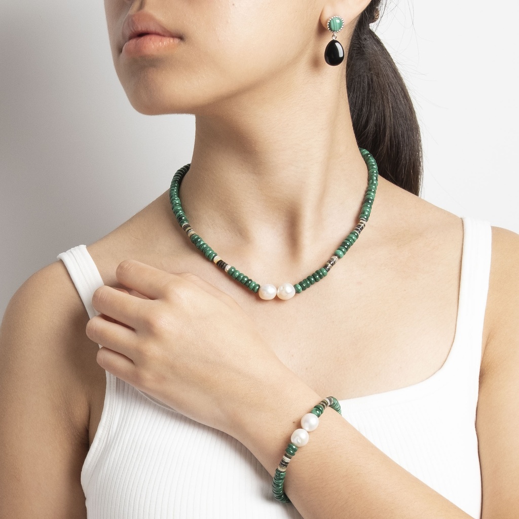 [NATN1020S-2] Malachite Gemstone Necklace with Semi-round White Pearls and Shell