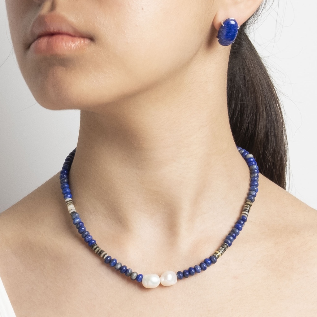 [NATN1020S-3] Lapis Gemstone Necklace with Semi-round White Pearls and Shell