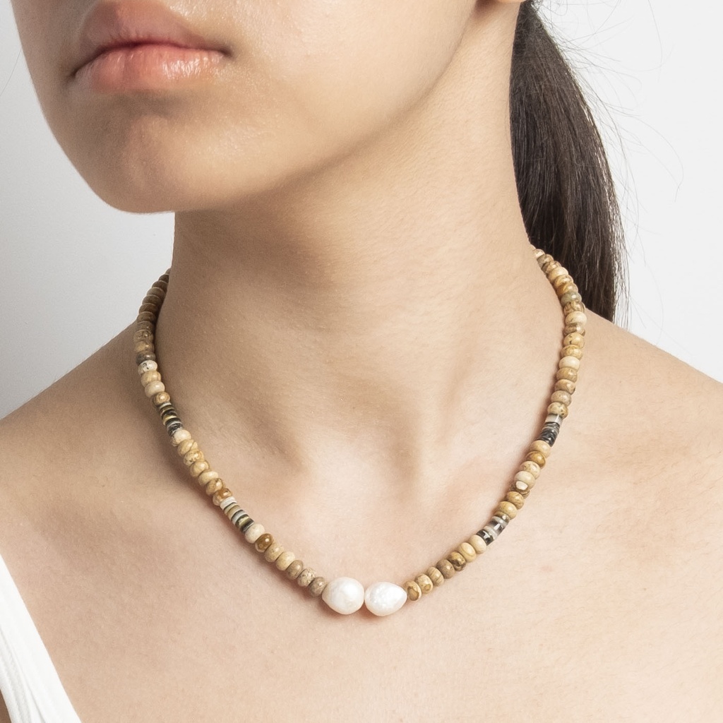 [NATN1020S-4] Picture Jasper Gemstone Necklace with Semi-round White Pearls and Shell