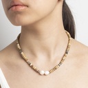 Picture Jasper Gemstone Necklace with Semi-round White Pearls and Shell