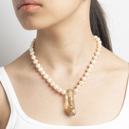 [NATN1018S-2] Crystal Pendant Gemstone Necklace with White Pearls